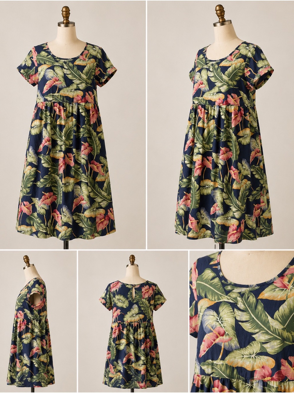 Vintage 90s Hawaiian Print Floral Midi Dress Navy Tropical Resort‎ Vacay Cruise